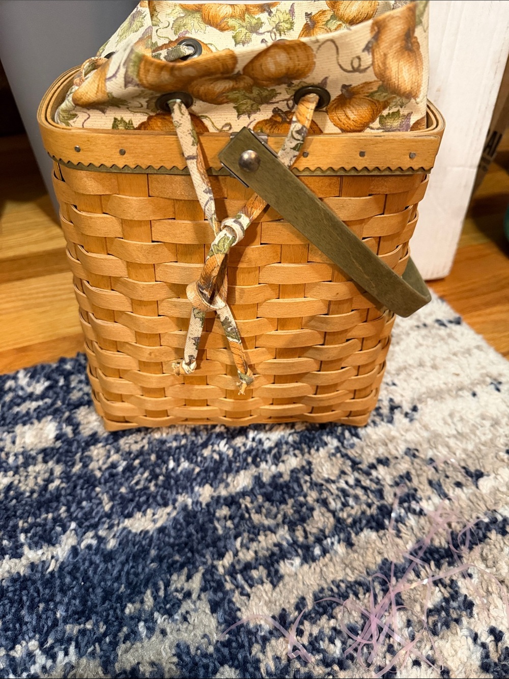 Longaberger Tan Woven Basket with Pumpkin-Print Liner